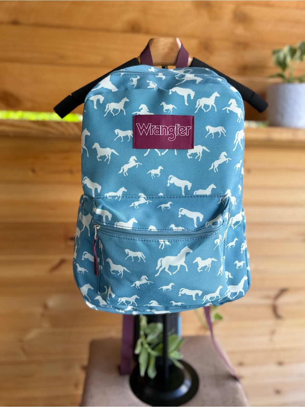 Wrangler Teal Backpack with White Horse Print and Maroon Logo Patch NWT